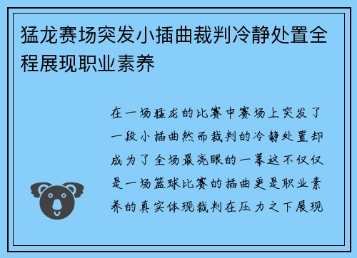 猛龙赛场突发小插曲裁判冷静处置全程展现职业素养